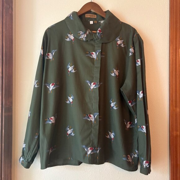 VTG 80s Ruff Hewn Duck Hunting Green Blouse Button Down Shirt Old Money Size XL - Picture 2 of 5
